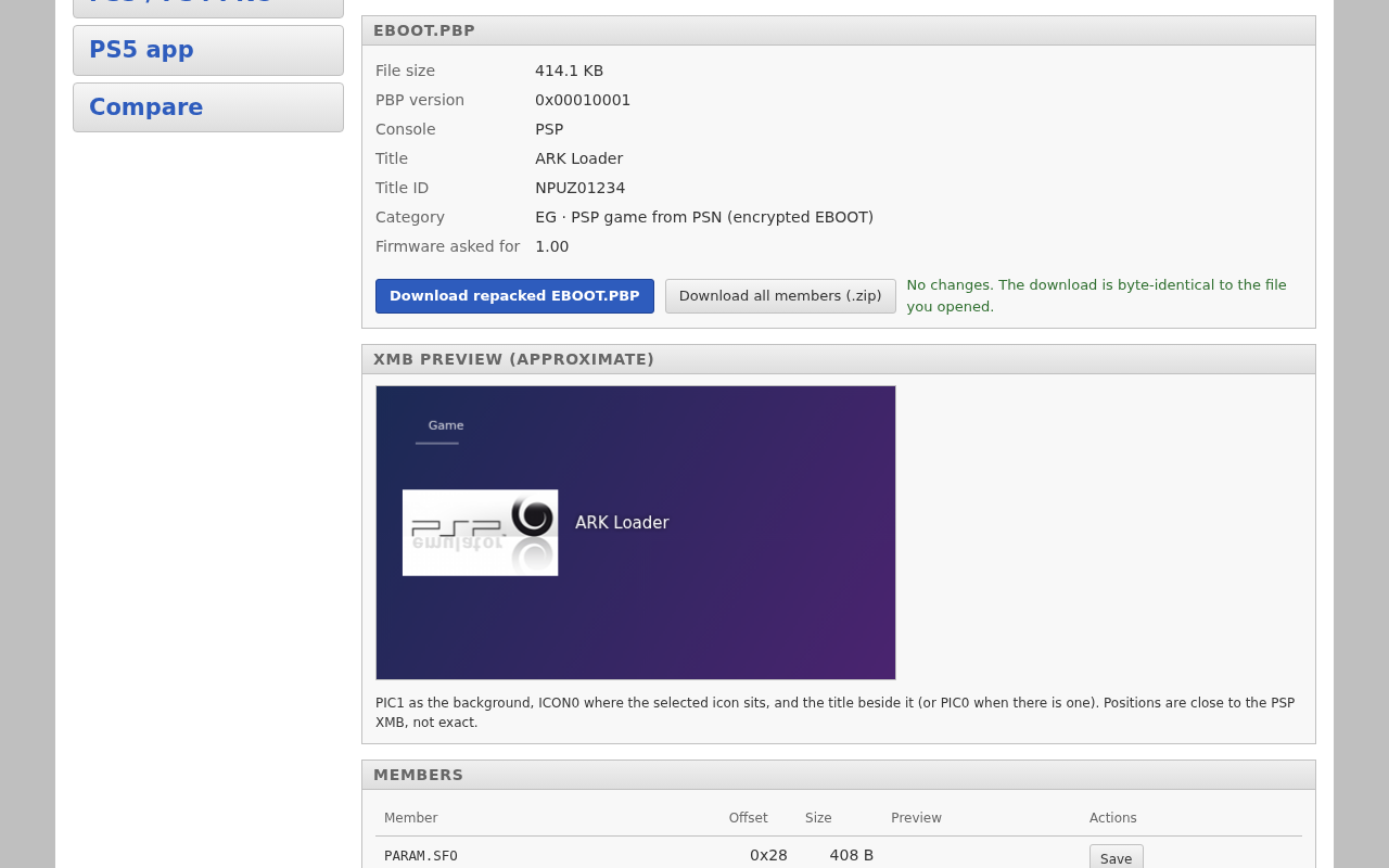 The EBOOT.PBP Repacker with an ARK-4 EBOOT.PBP open