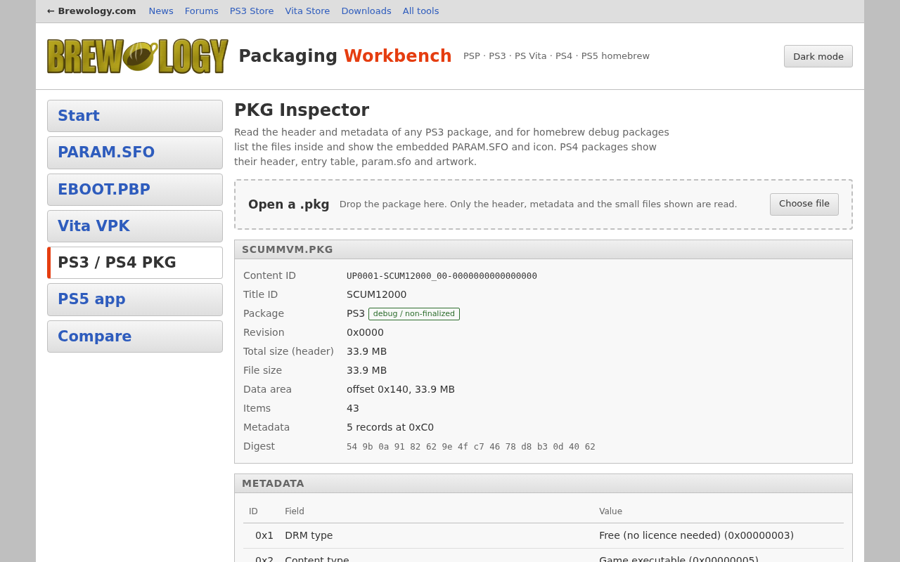 The PS3 / PS4 PKG Inspector with a ScummVM PS3 package open