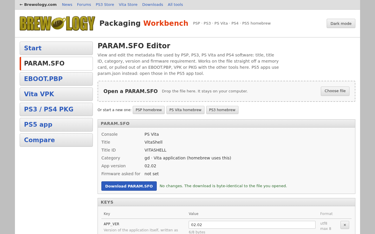 The PARAM.SFO Editor with VitaShell&rsquo;s param.sfo open