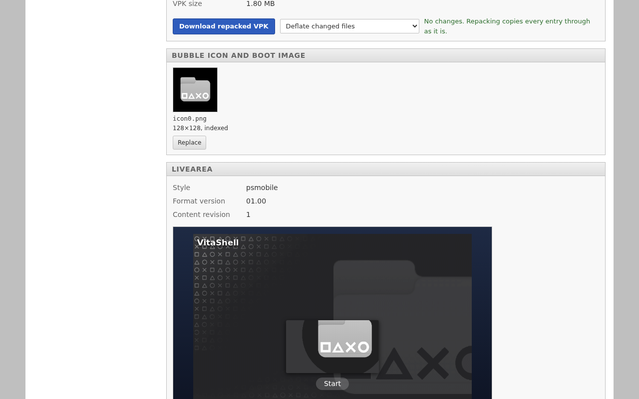 The Vita VPK Editor with VitaShell open: its bubble, LiveArea and firmware check